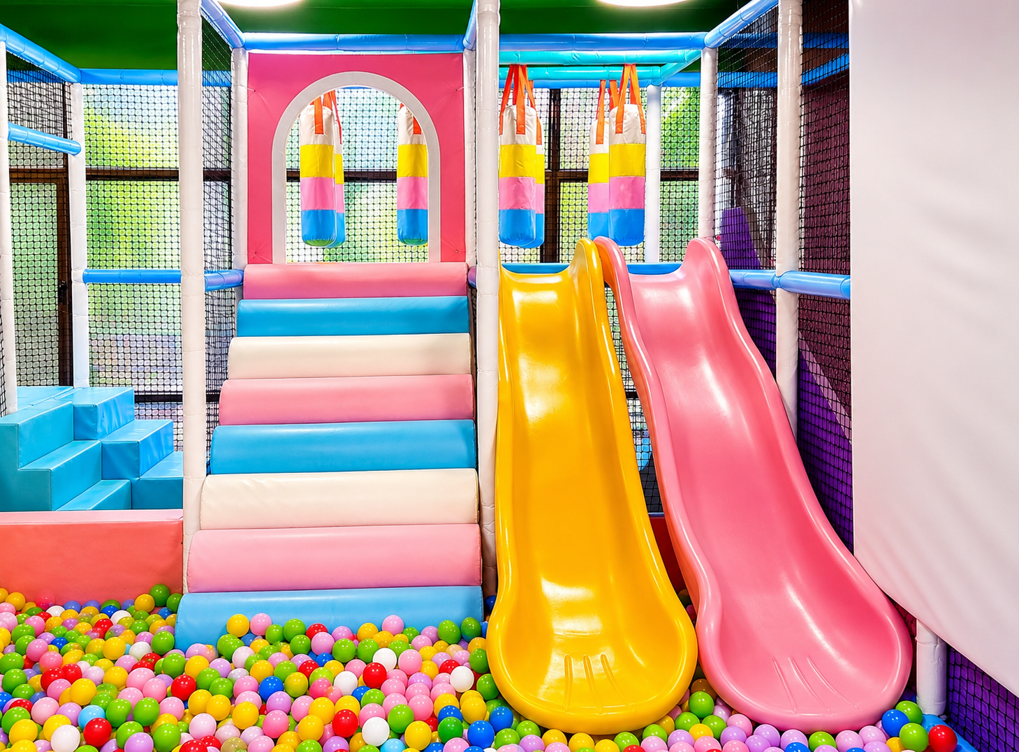 Colourful twin slides and ball pit in the indoor play zone